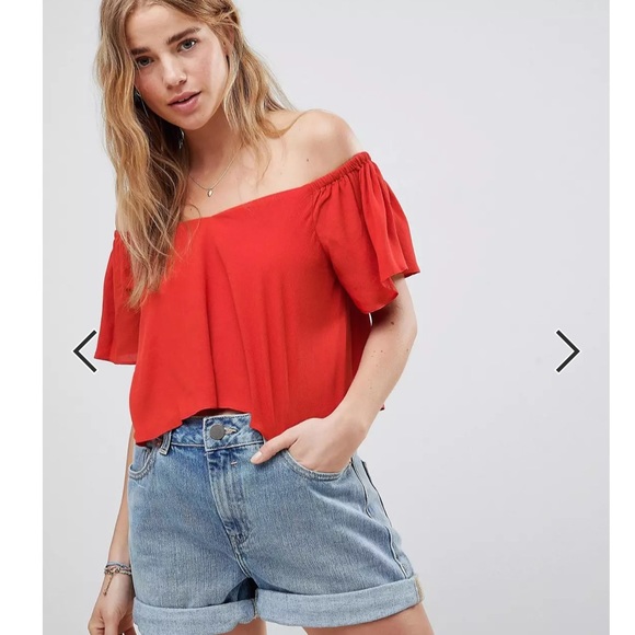 ASOS Coral Off the Shoulder Flowy Crop Top - Picture 1 of 3